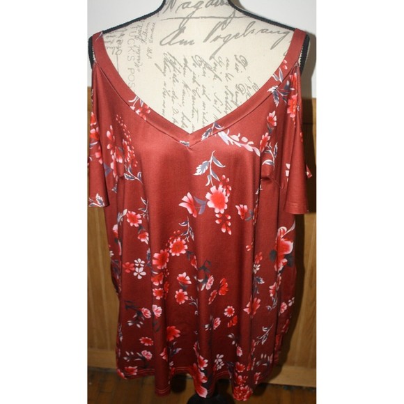 Women's Burnt Orange Floral Print Cold Shoulder SS Top Sz 3X Blouse Pullover EUC - Picture 1 of 8